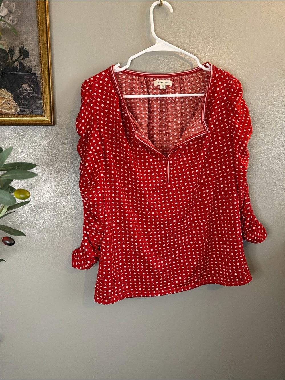 Max Studio Red Polka Dot Puff Sleeve Blouse Size Small Cottagecore Feminine - Picture 4 of 8